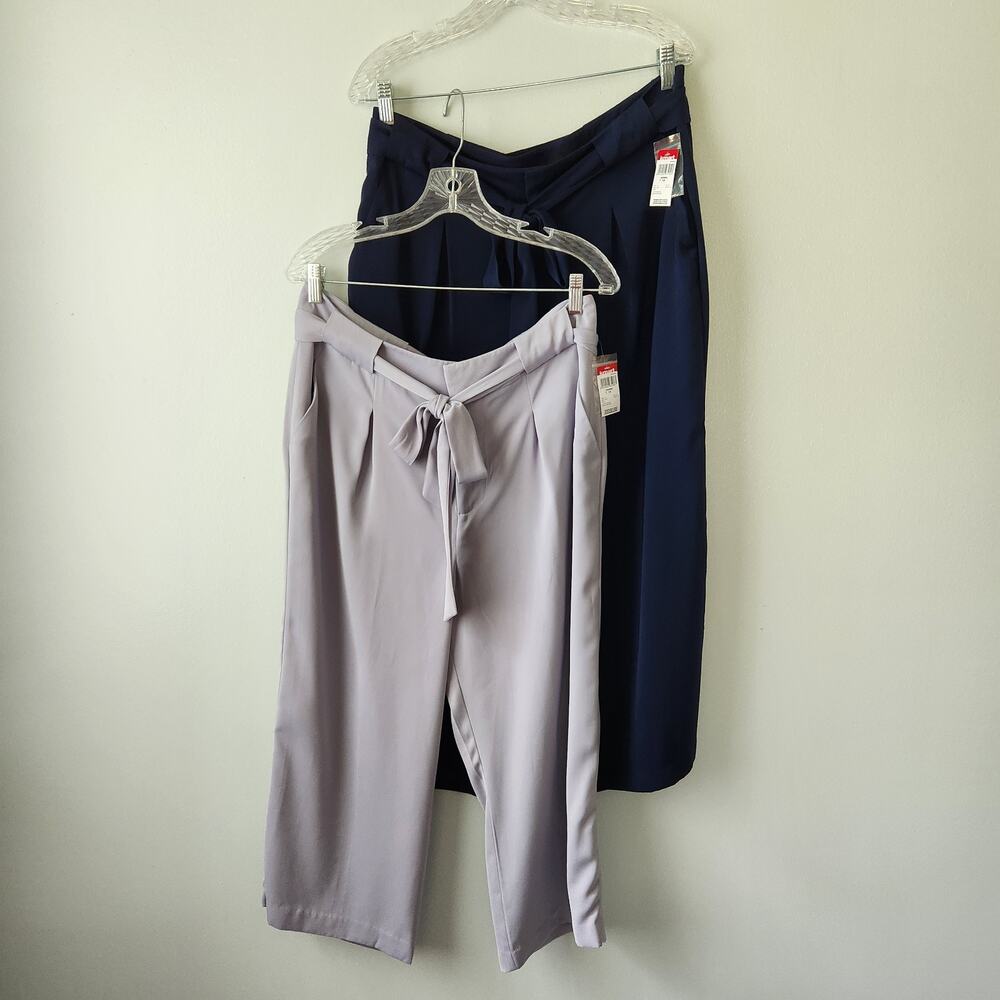 Women's Cropped Wide Leg Pants Set 2 Pair 14 Gray & Navy Belted Capri Trousers